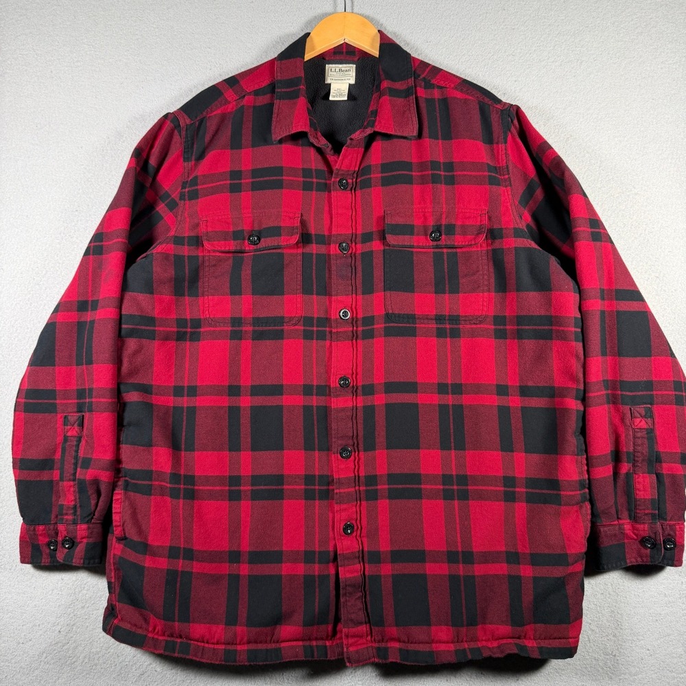 LL Bean Mens XL Red Black Plaid Fleece Lined Flannel Shirt Jacket 298189